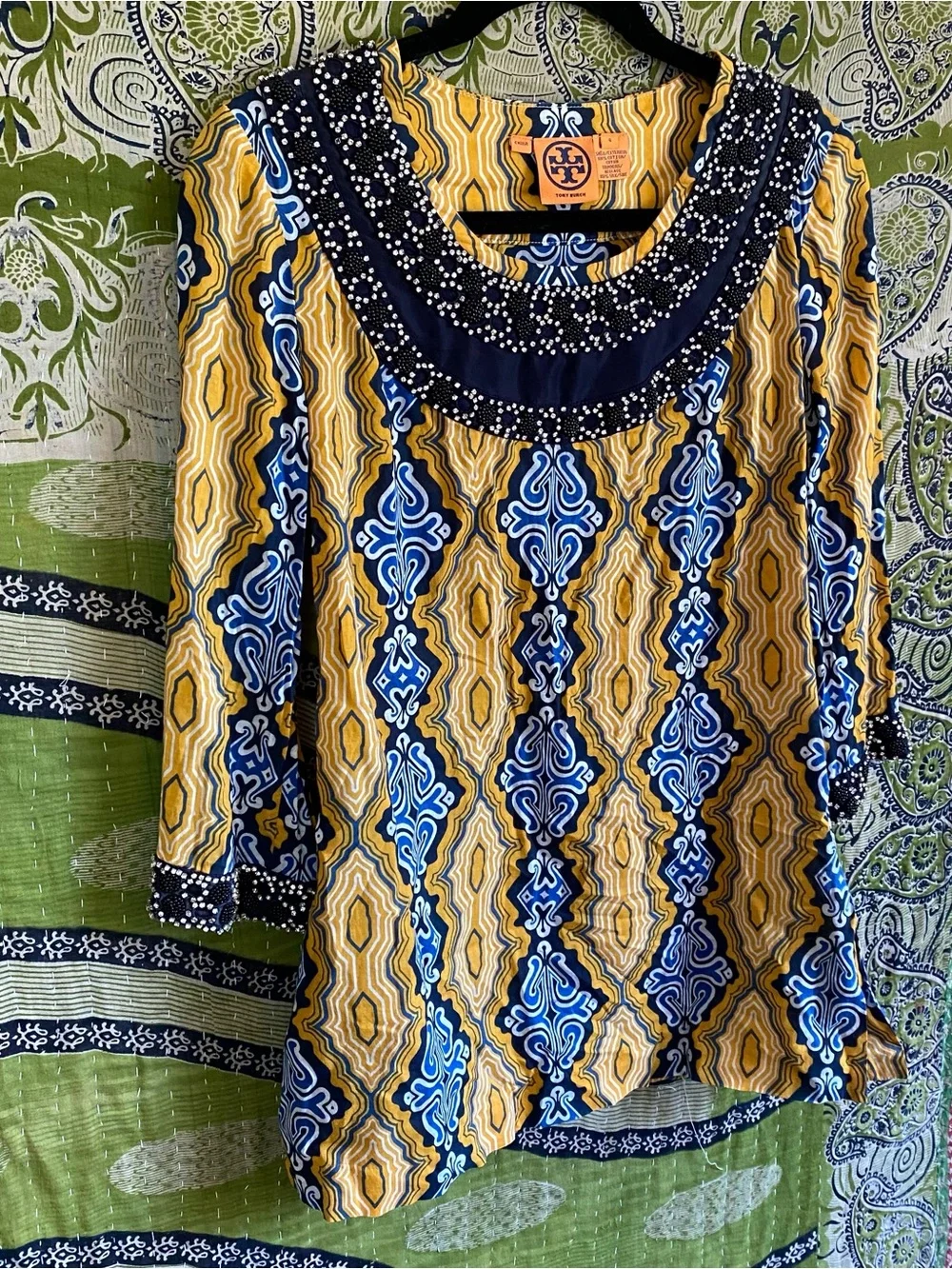 Tory Burch Odie Yellow/ Blue/ White Embellished Tunic Blouse Medium Resort Wear